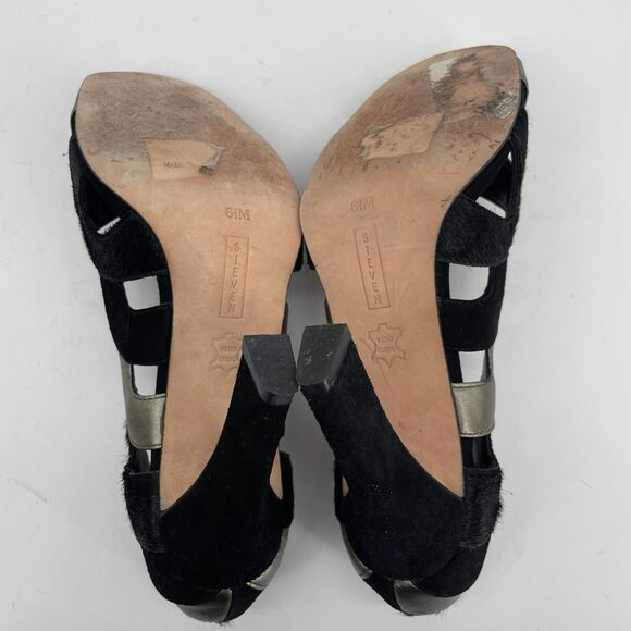 STEVEN Steve Madden Size 6.5 Suede Leather Cutout High Heels Black Silver Fur - Picture 8 of 9